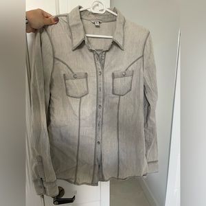 Gray shirt, long sleeve. Guess